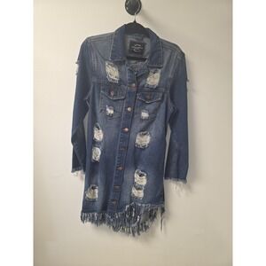 American Bazi Denim Blue Jean Jacket Distressed Long‎ Length With Pockets Size M